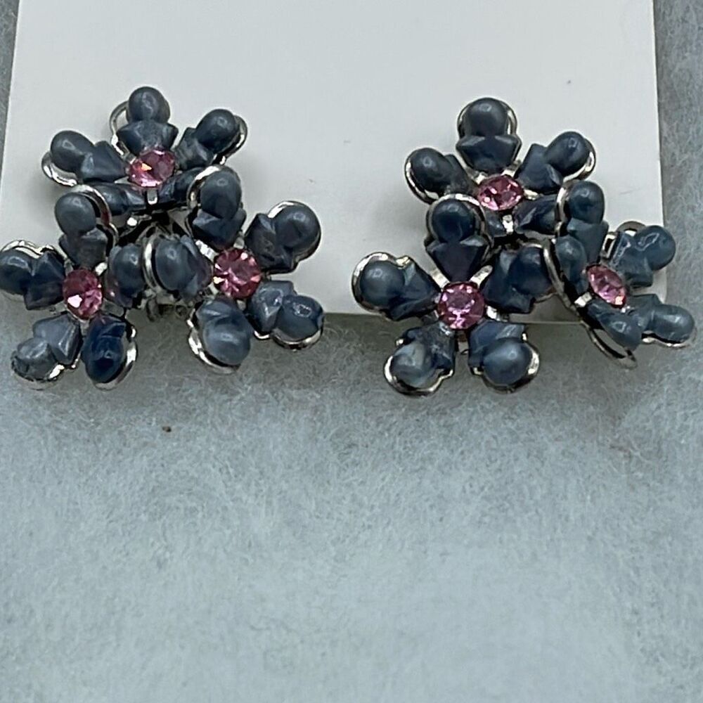 Vintage floral screwback style earrings in grey and pink rhinestones.